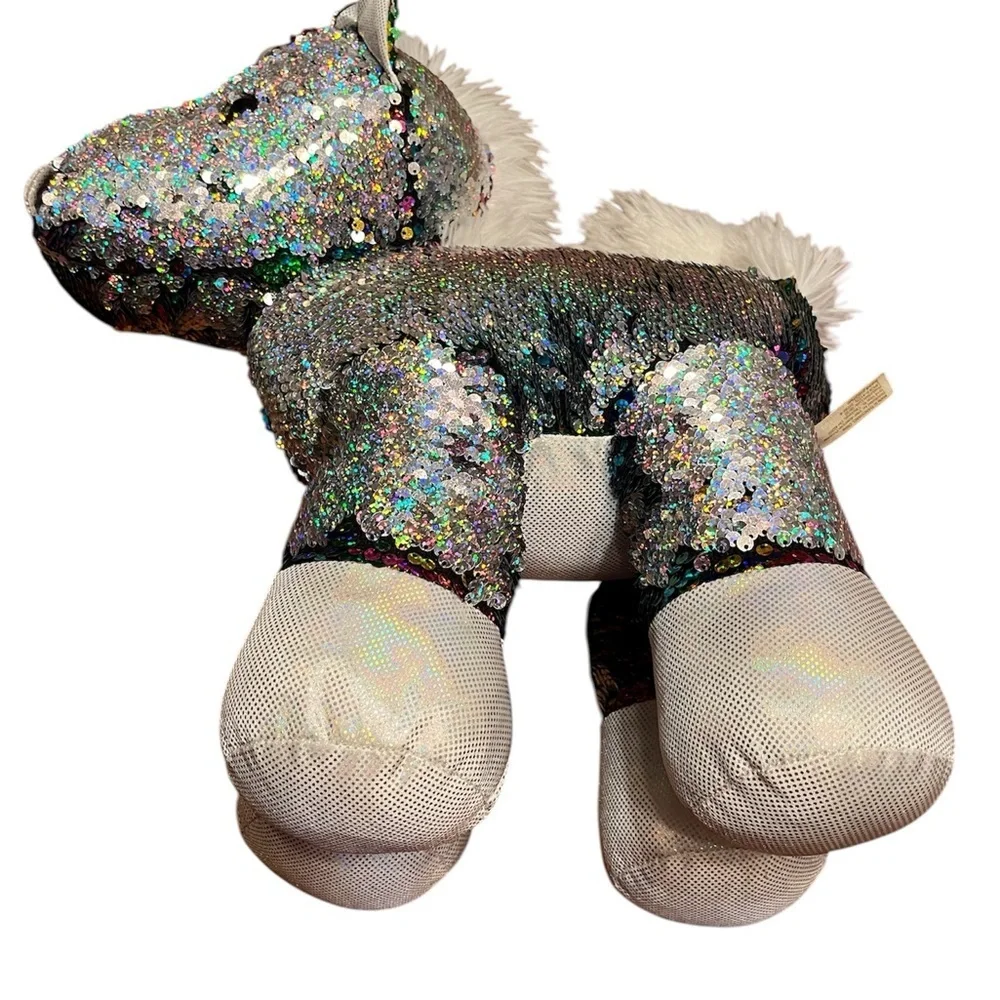 Rainbow/Silver Flip Sequin Unicorn Plush 8.5” x 14” x 17” - Picture 8 of 10